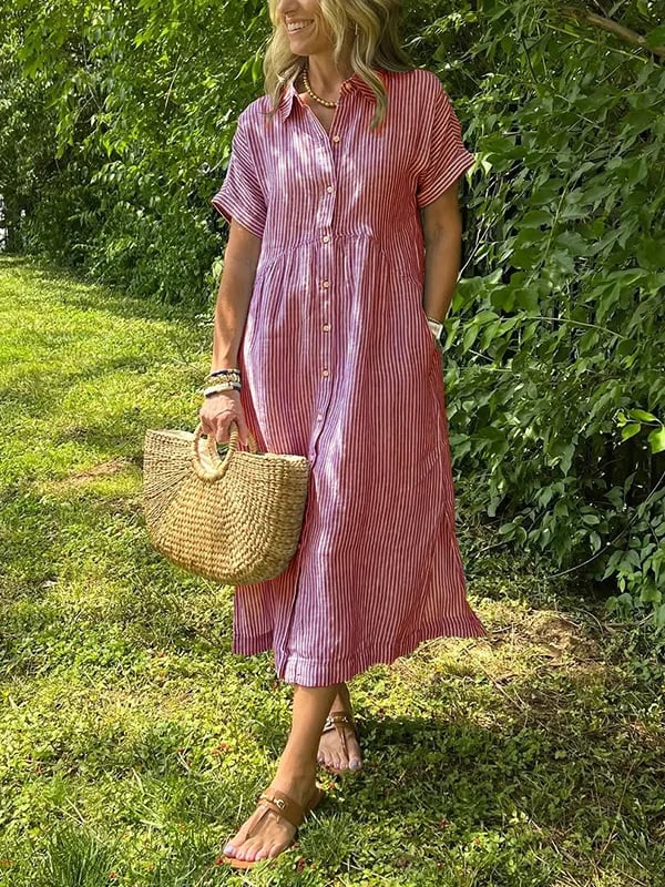 Robe chemise maxi rayée pour femme | Style col revers à boutons