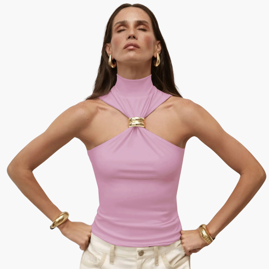 Haut à col halter pour femme | Haut chic à col haut avec détails dorés