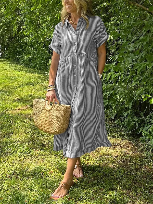 Robe chemise maxi rayée pour femme | Style col revers à boutons