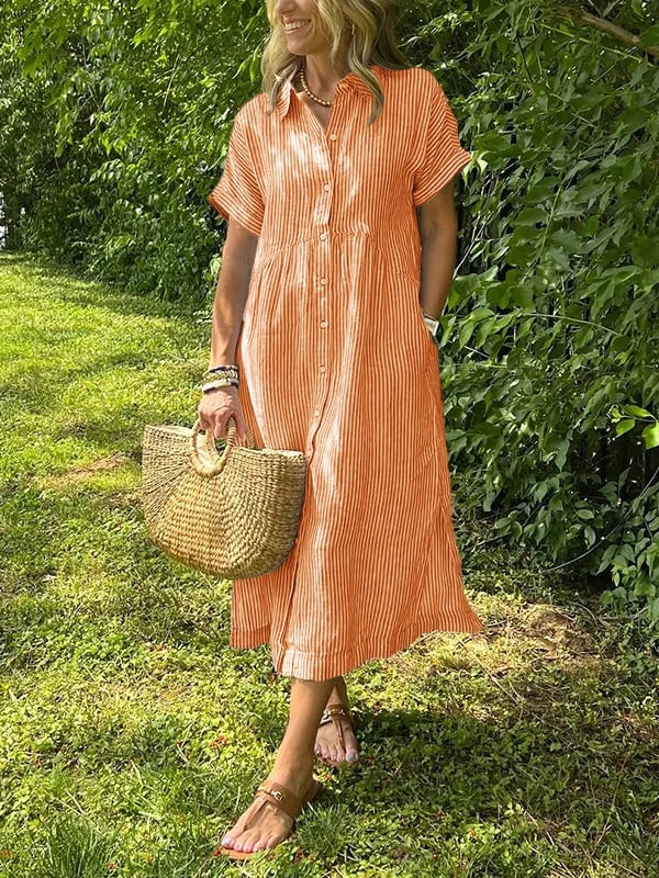 Robe chemise maxi rayée pour femme | Style col revers à boutons