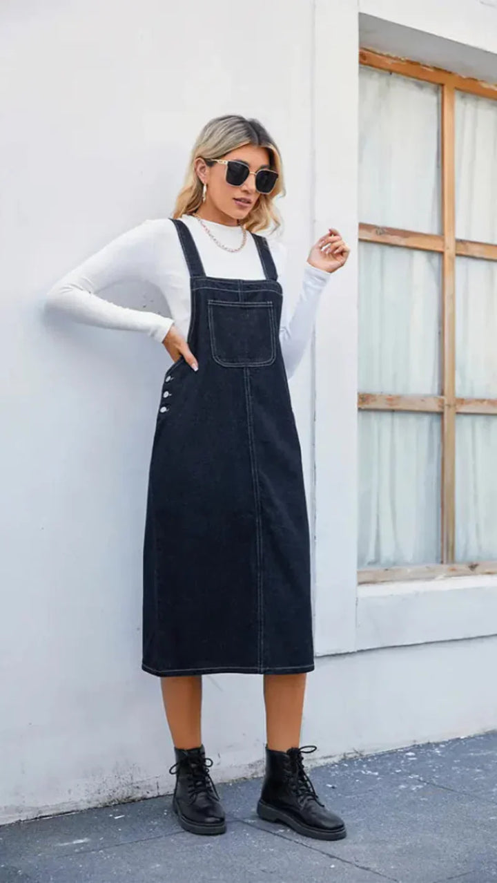 Robe midi à bretelles style denim pour femme