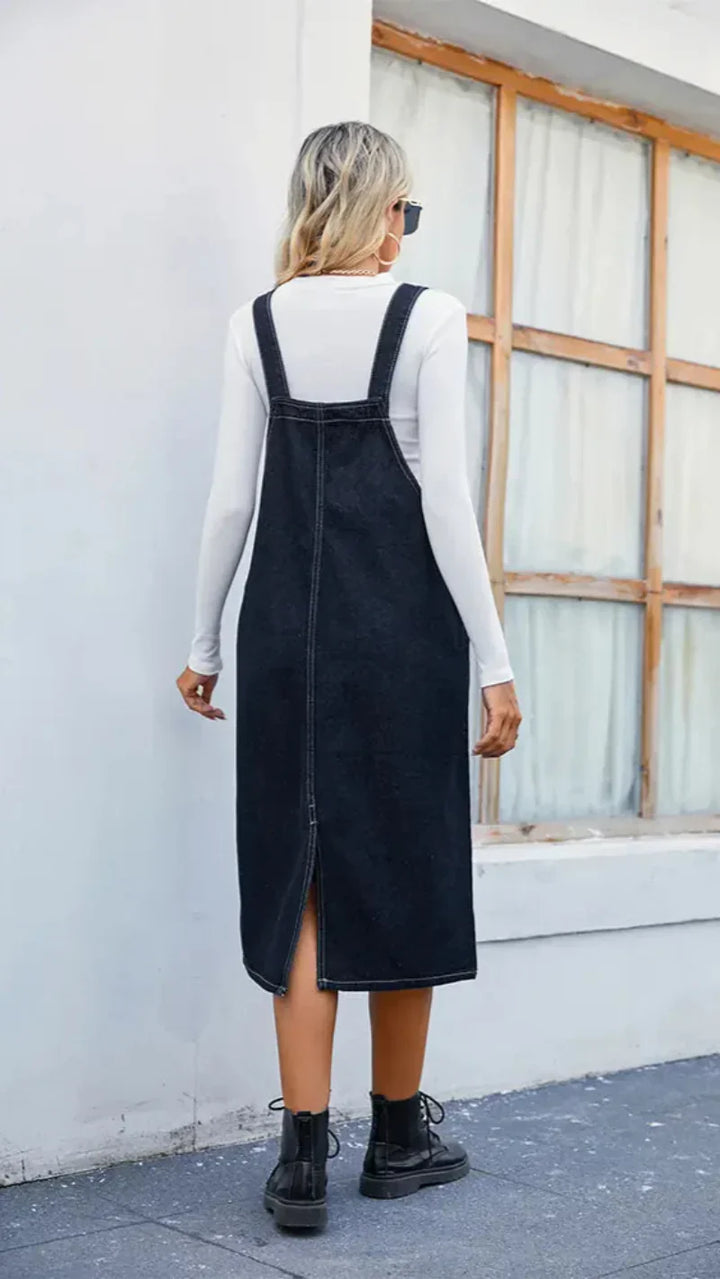 Robe midi à bretelles style denim pour femme