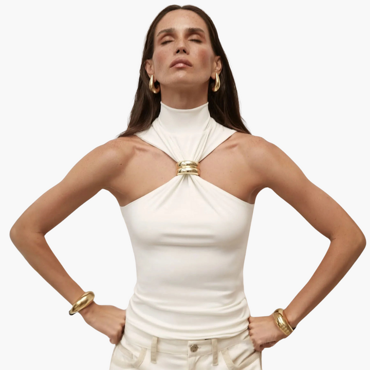 Haut à col halter pour femme | Haut chic à col haut avec détails dorés
