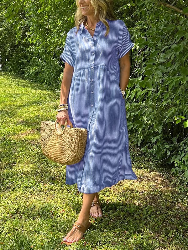 Robe chemise maxi rayée pour femme | Style col revers à boutons