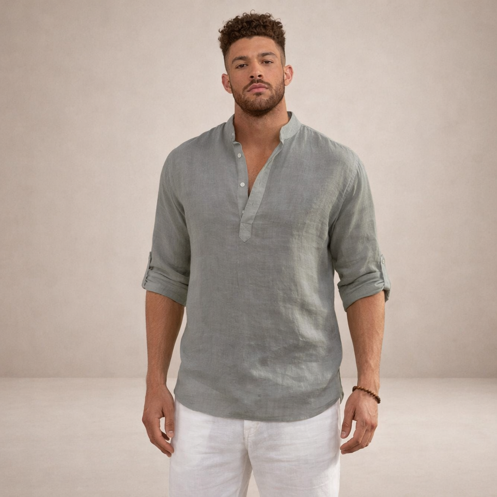 Męska lniana koszula | Oddychający stojący kołnierz z długim rękawem