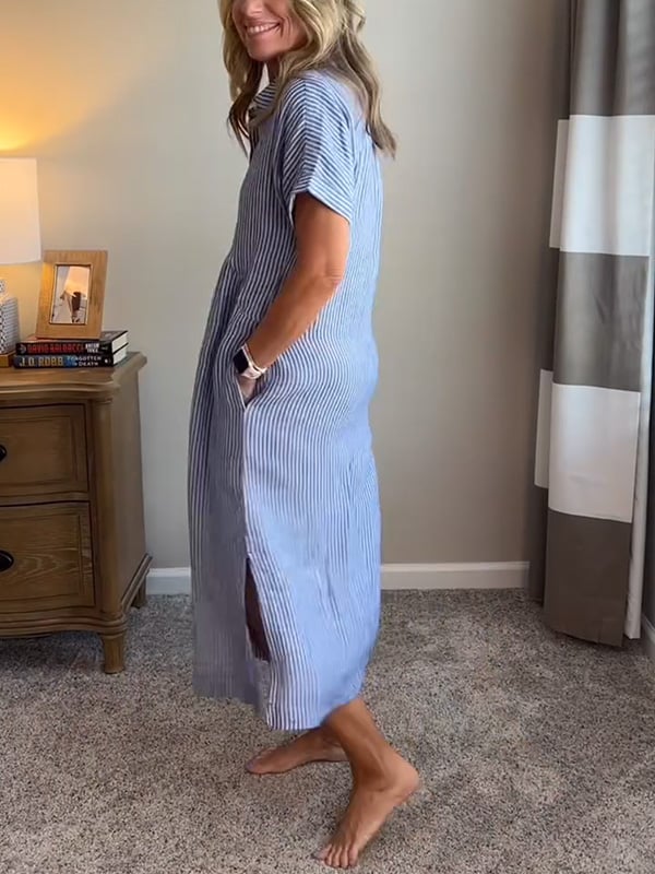 Robe chemise maxi rayée pour femme | Style col revers à boutons