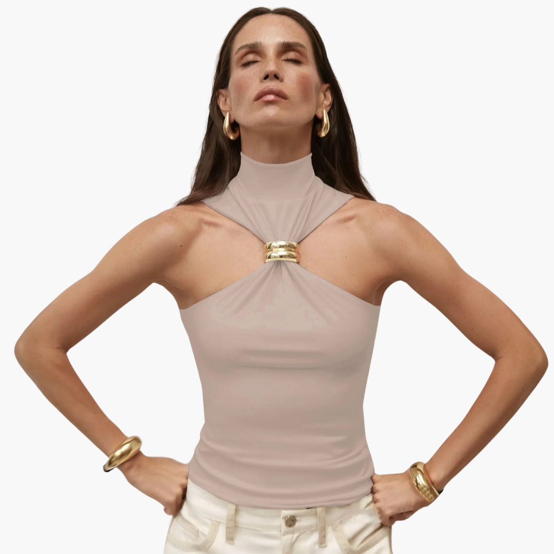 Haut à col halter pour femme | Haut chic à col haut avec détails dorés