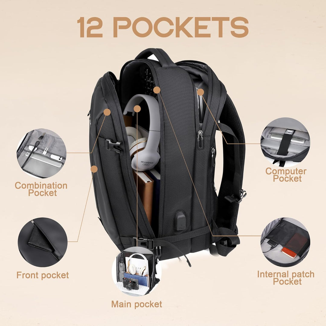 Sac à Dos de Voyage Étanche Extensible 40L | Port USB et Compartiment pour Ordinateur Portable 17"