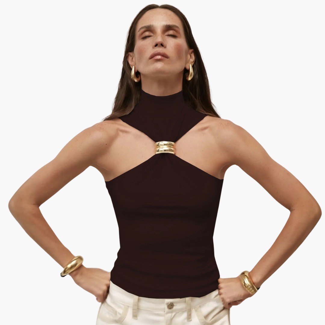 Haut à col halter pour femme | Haut chic à col haut avec détails dorés