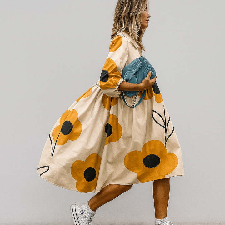 Ladies A-Line Midi Dress | Puff Sleeves Oversized Fit