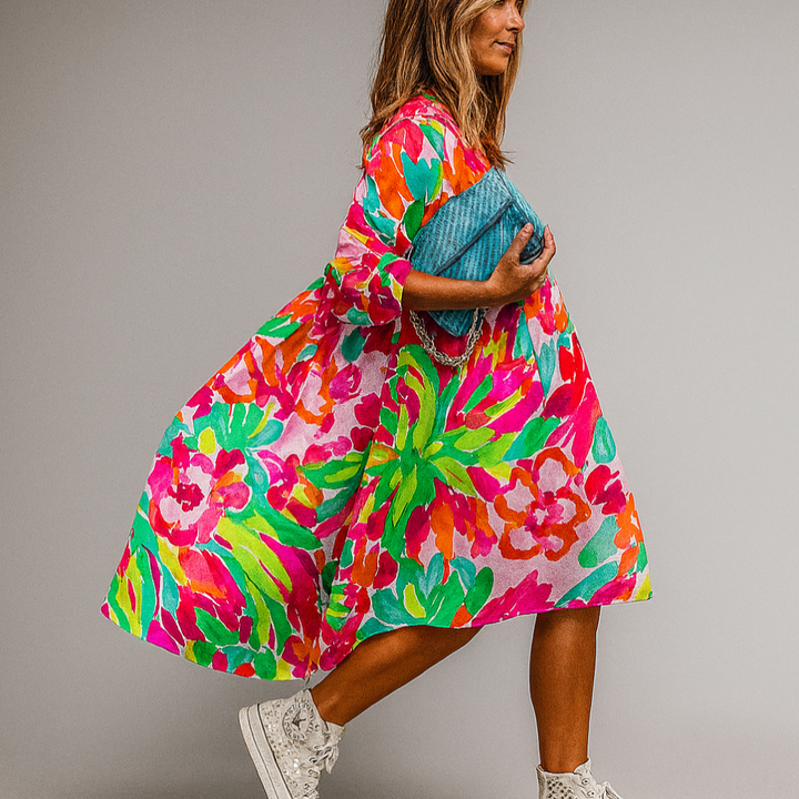 Ladies A-Line Midi Dress | Puff Sleeves Oversized Fit