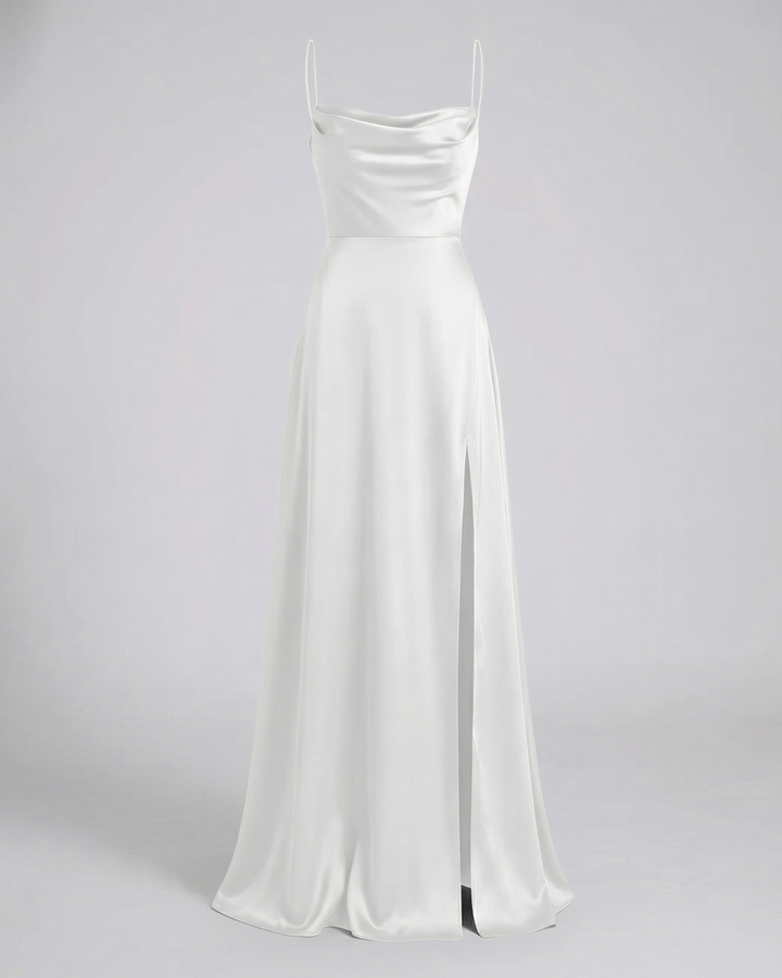 Robe Longue en Satin pour Femme | Col Bénitier Fente Latérale Robe de Soirée