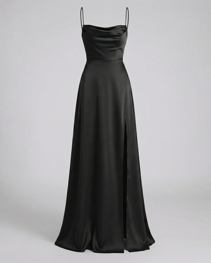 Robe Longue en Satin pour Femme | Col Bénitier Fente Latérale Robe de Soirée