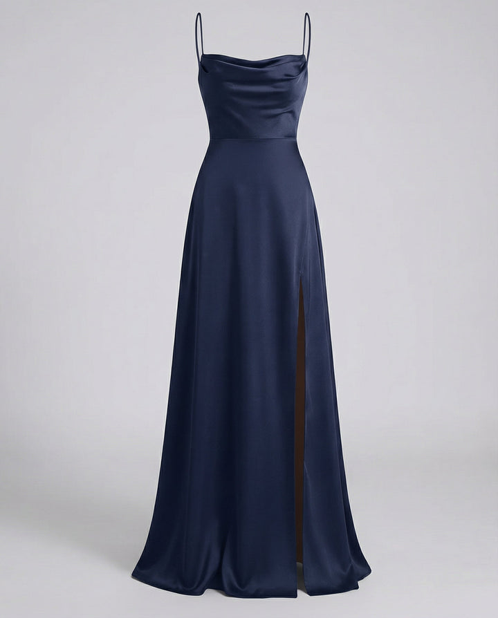 Robe Longue en Satin pour Femme | Col Bénitier Fente Latérale Robe de Soirée