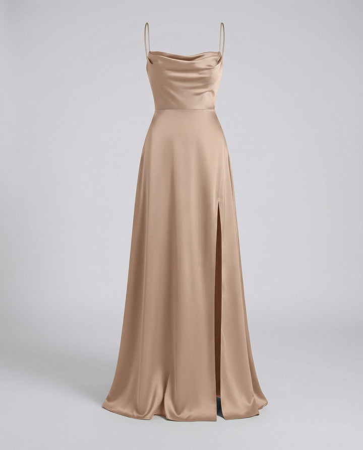 Robe Longue en Satin pour Femme | Col Bénitier Fente Latérale Robe de Soirée