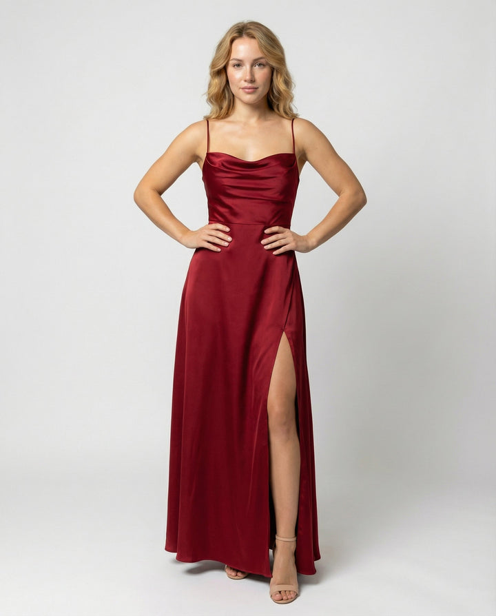 Robe Longue en Satin pour Femme | Col Bénitier Fente Latérale Robe de Soirée