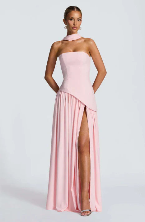 Robe Longue Bustier pour Femme | Style Chiffon Flottant avec Détails Foulard