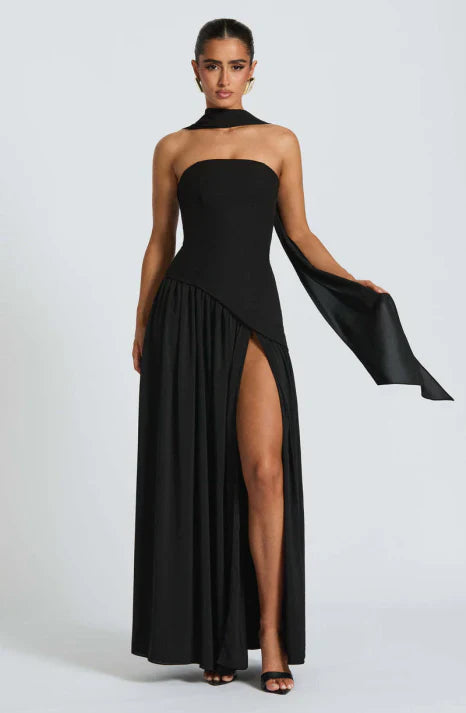 Robe Longue Bustier pour Femme | Style Chiffon Flottant avec Détails Foulard