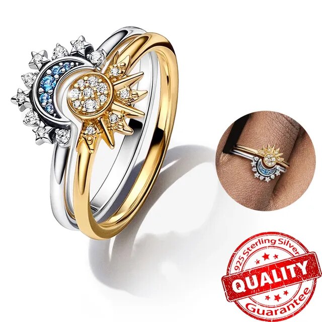 Amara| Bague en argent étincelante avec lune, soleil et cristal
