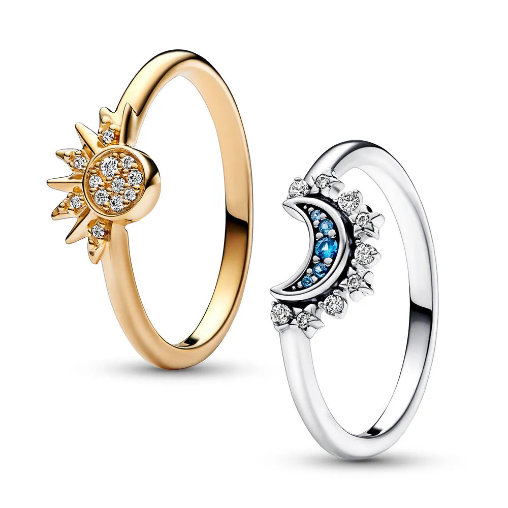 Amara| Bague en argent étincelante avec lune, soleil et cristal