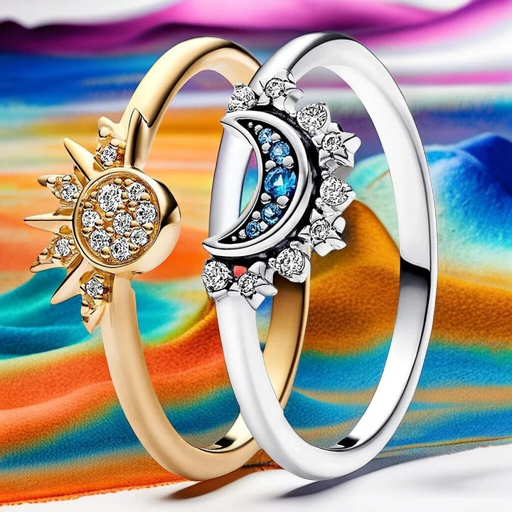 Amara| Bague en argent étincelante avec lune, soleil et cristal