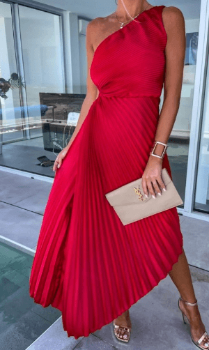 Robe midi plissée à une épaule pour femme | Taille cintrée style affirmé