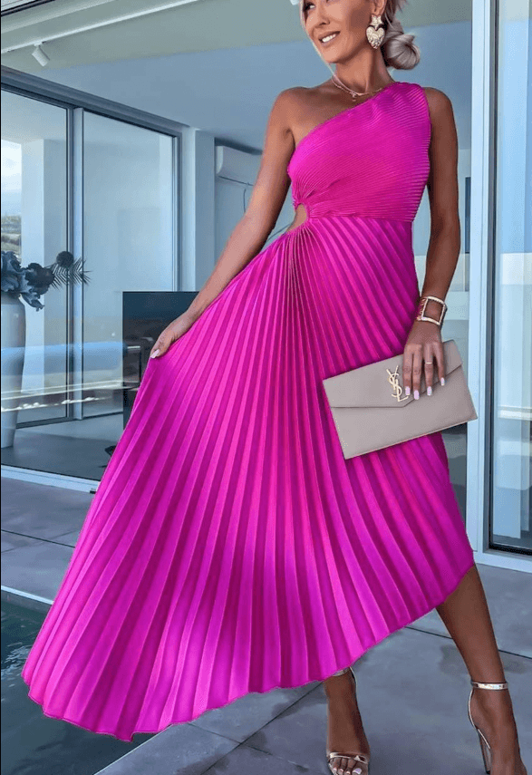 Robe midi plissée à une épaule pour femme | Taille cintrée style affirmé