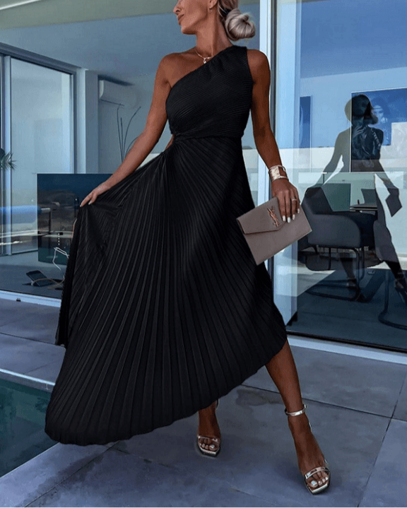 Robe midi plissée à une épaule pour femme | Taille cintrée style affirmé