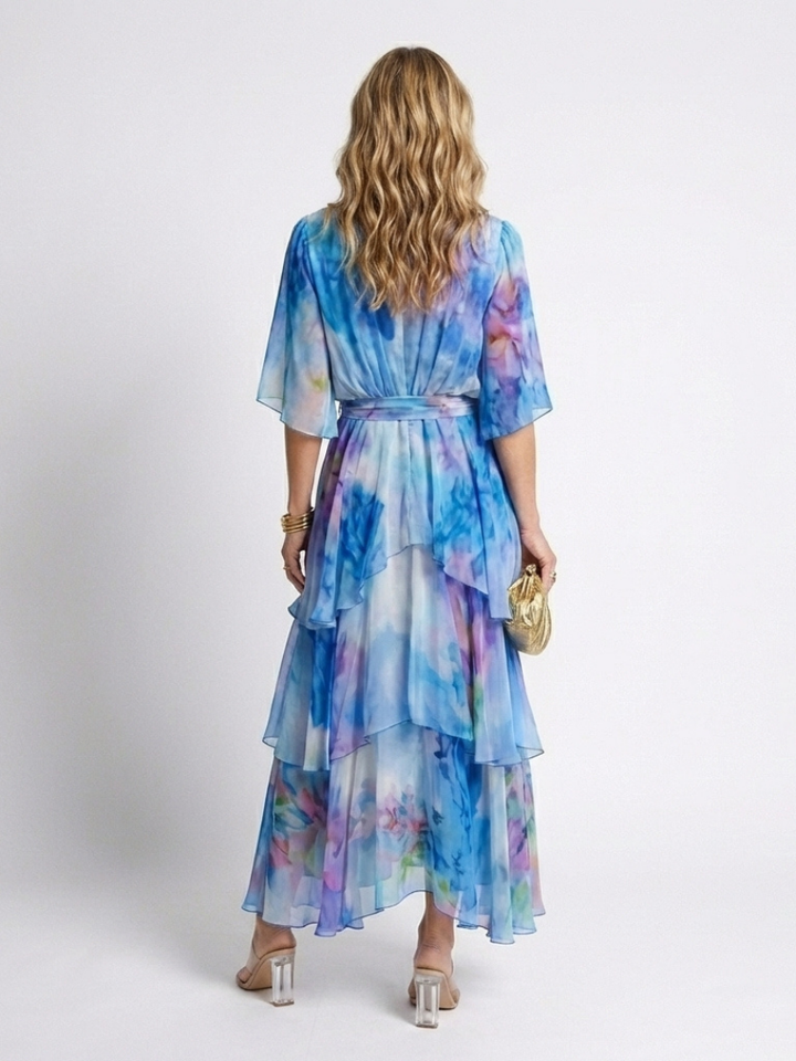 Robe d'été à niveaux enveloppante pour femme | Manches larges avec ceinture nouée