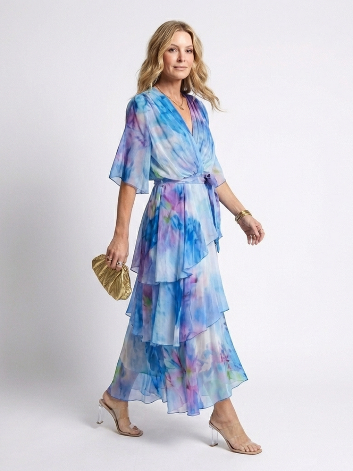 Robe d'été à niveaux enveloppante pour femme | Manches larges avec ceinture nouée
