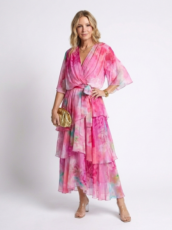 Robe d'été à niveaux enveloppante pour femme | Manches larges avec ceinture nouée