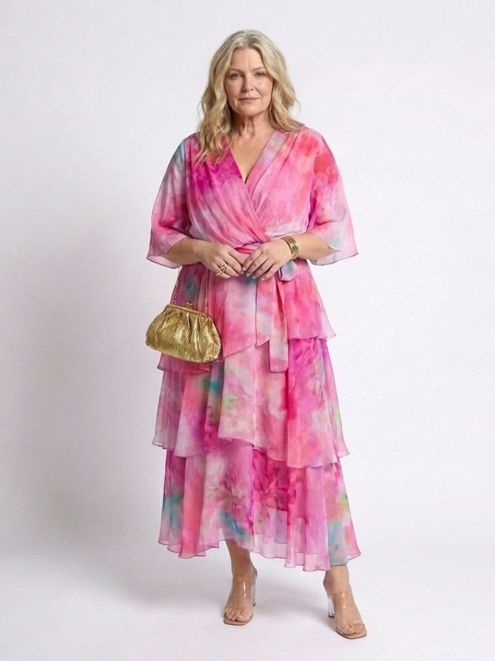 Robe d'été à niveaux enveloppante pour femme | Manches larges avec ceinture nouée
