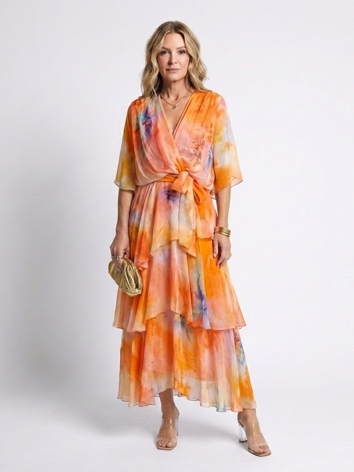 Robe d'été à niveaux enveloppante pour femme | Manches larges avec ceinture nouée