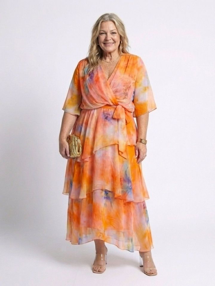 Robe d'été à niveaux enveloppante pour femme | Manches larges avec ceinture nouée