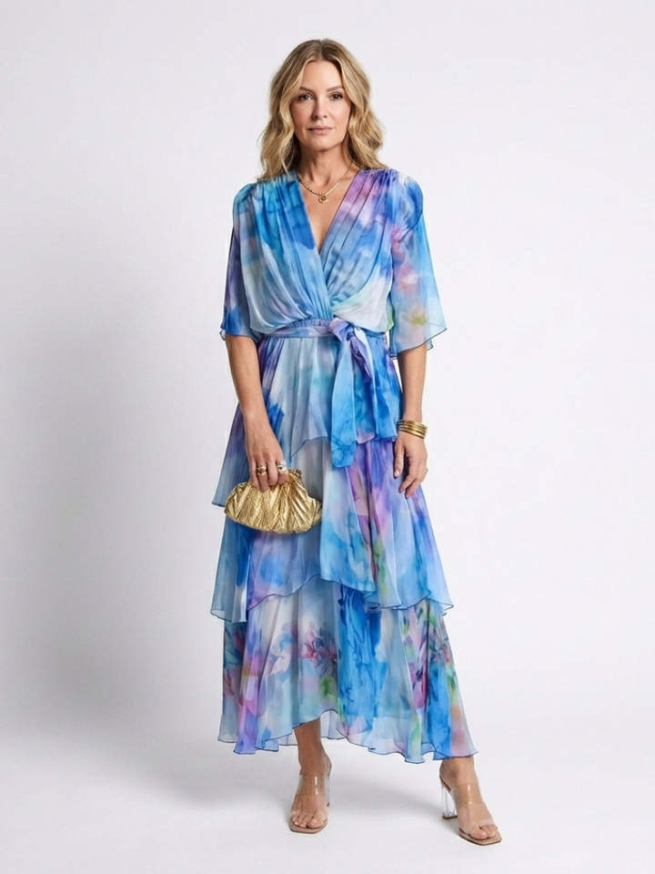 Robe d'été à niveaux enveloppante pour femme | Manches larges avec ceinture nouée