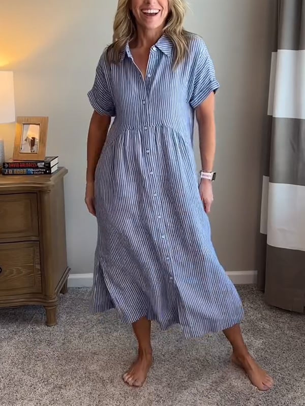 Robe chemise maxi rayée pour femme | Style col revers à boutons