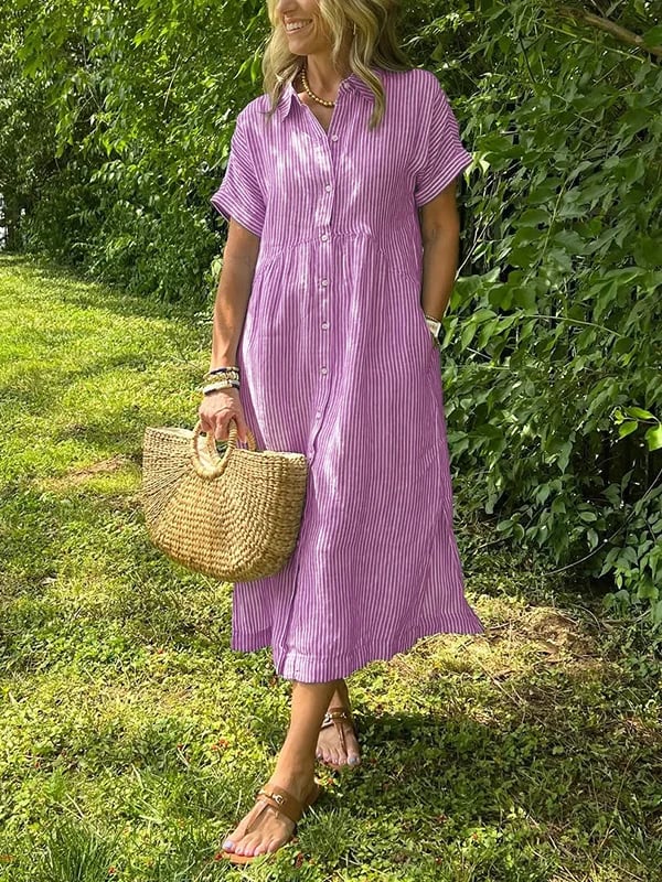 Robe chemise maxi rayée pour femme | Style col revers à boutons