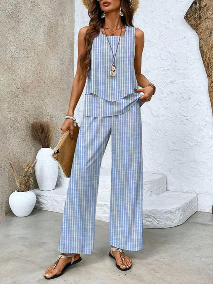Dámský tištěný komplet s kalhotami se širokými nohavicemi | Letní dvoudílný outfit