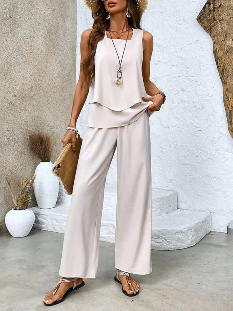 Dámský tištěný komplet s kalhotami se širokými nohavicemi | Letní dvoudílný outfit