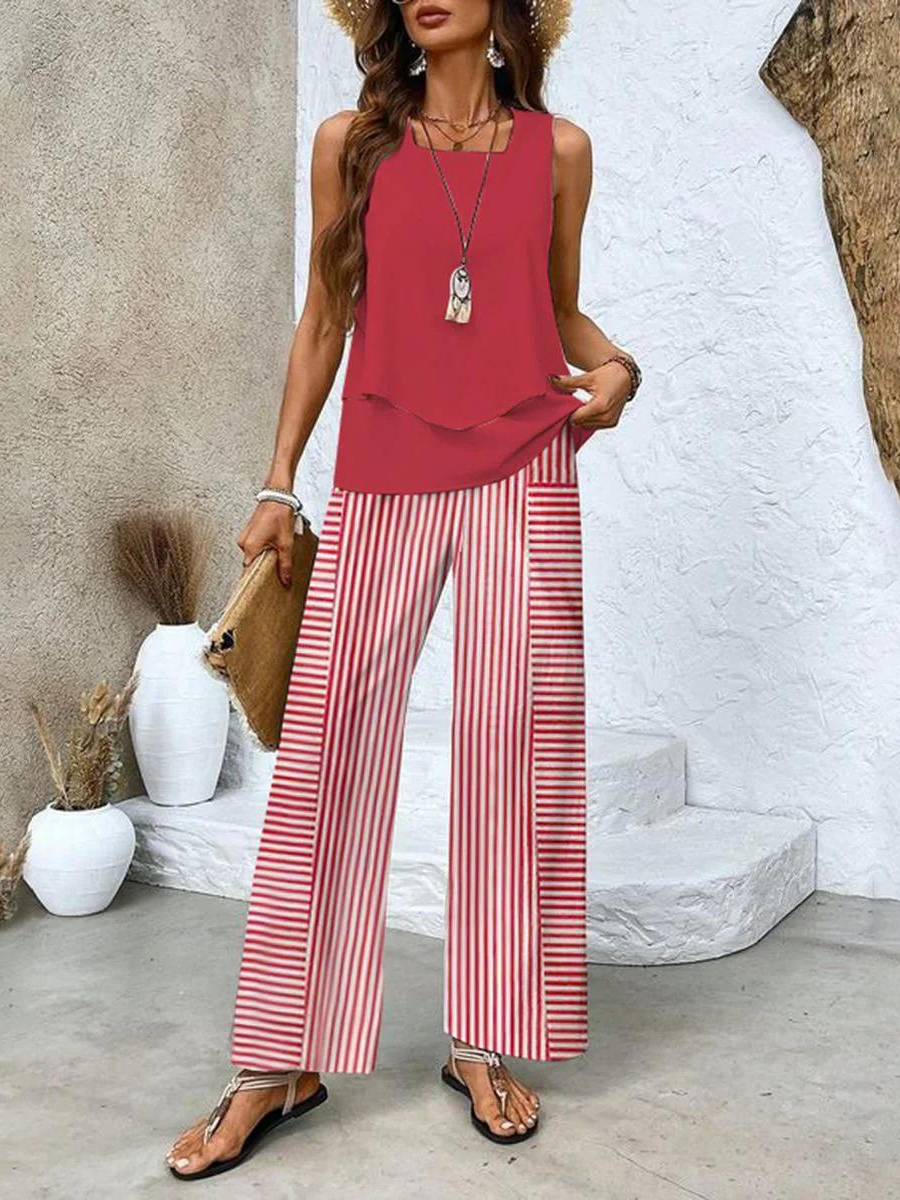 Dámský tištěný komplet s kalhotami se širokými nohavicemi | Letní dvoudílný outfit