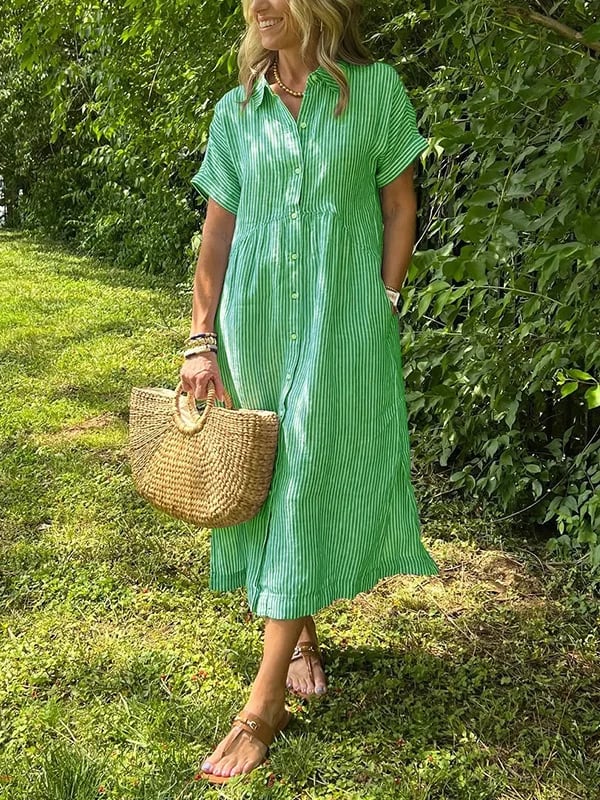 Robe chemise maxi rayée pour femme | Style col revers à boutons