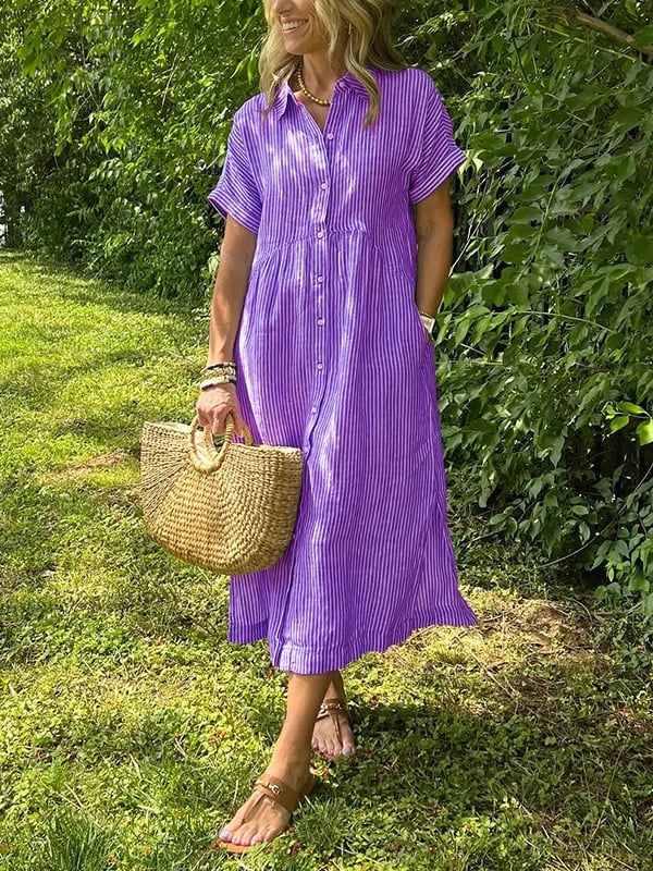Robe chemise maxi rayée pour femme | Style col revers à boutons
