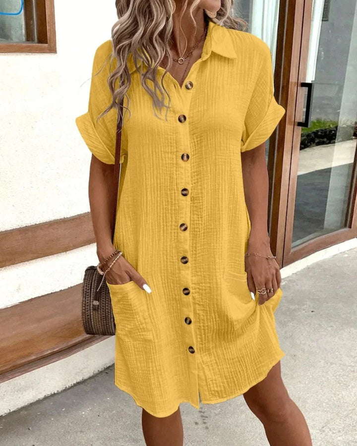 Robe courte à encolure en V pour femme | Manches trois-quarts style lin Robe de vacances