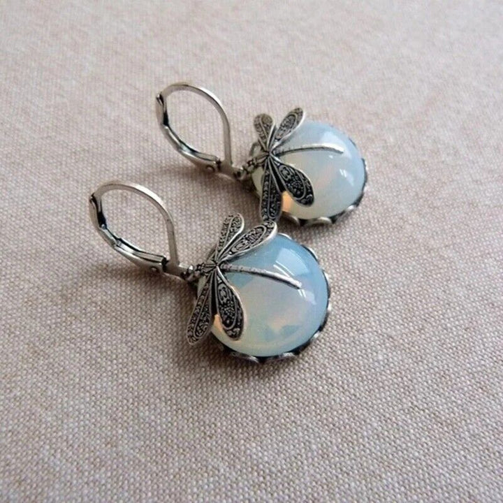 Boucles d'Oreilles Goutte Pierre de Lune Libellule