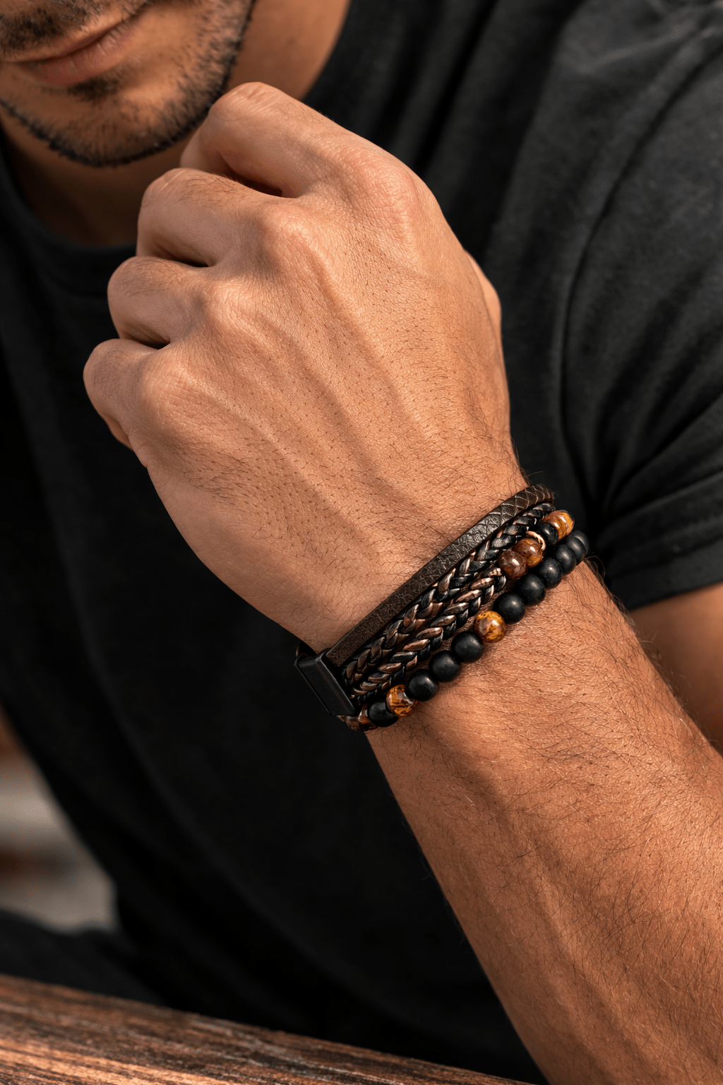 Ensemble bracelets style cuir pour homme | Empilement décontracté et habillé pour poignet
