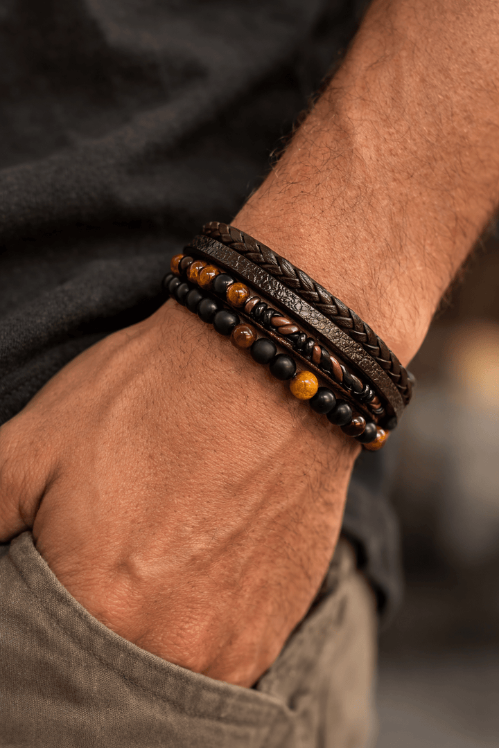 Ensemble bracelets style cuir pour homme | Empilement décontracté et habillé pour poignet