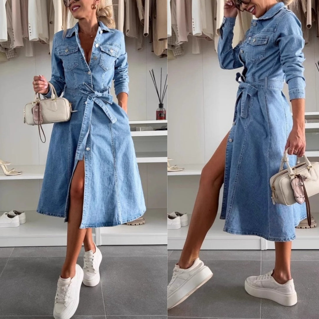 Robe maxi dame style denim | Look décontracté à manches longues pour tous les jours