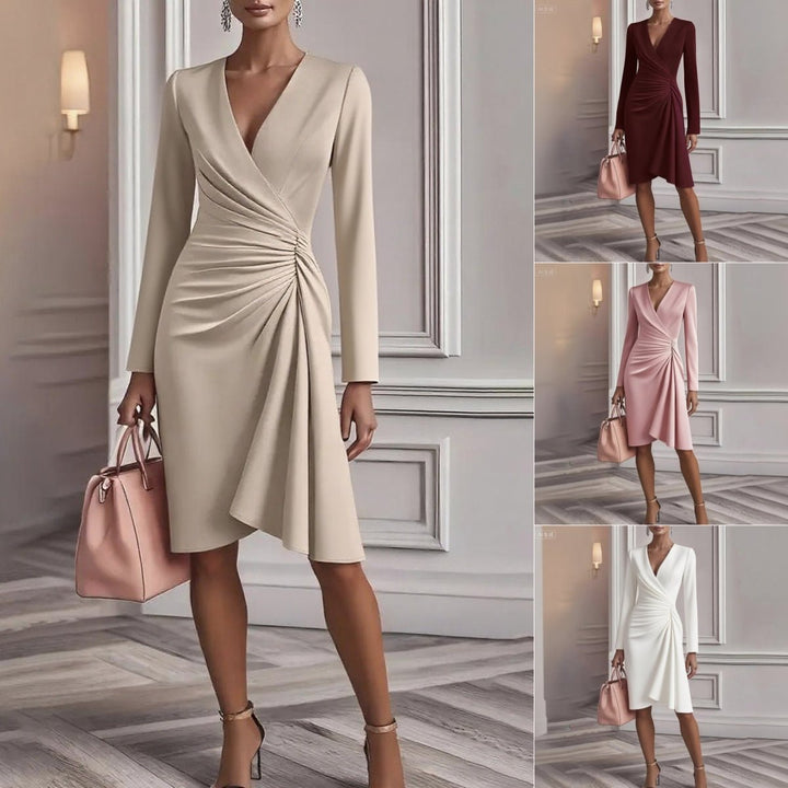 Robe midi froncée col V pour femme | Style printanier élégant à manches longues