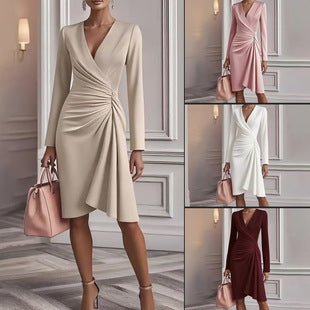 Robe midi froncée col V pour femme | Style printanier élégant à manches longues